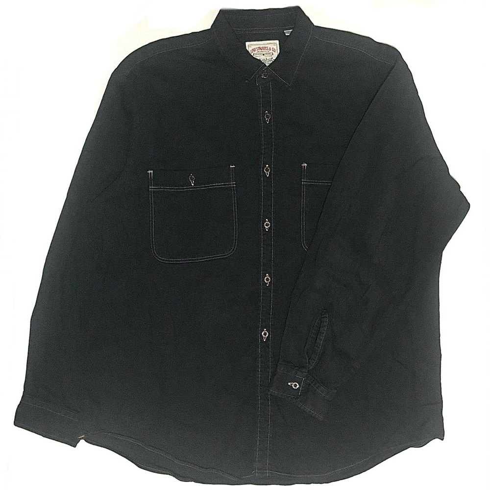 Vintage 80s 90s Levis Work Shirt Utility Pockets Workwear Cotton Twill Black XL